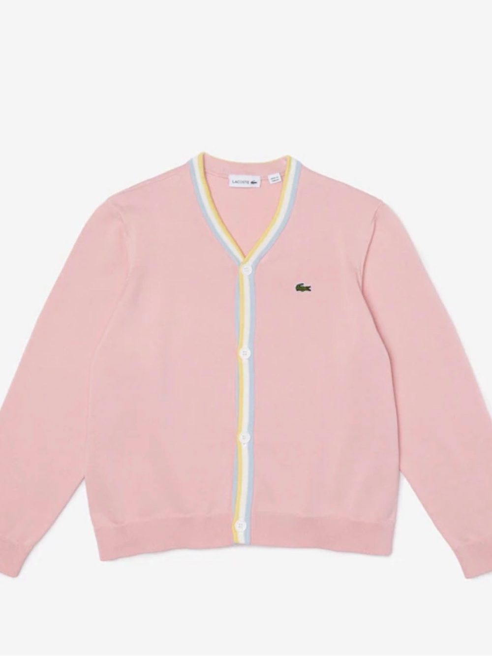 Lacoste Pastel Pink Cardigan with Multi-Stripe Trim Sz 8